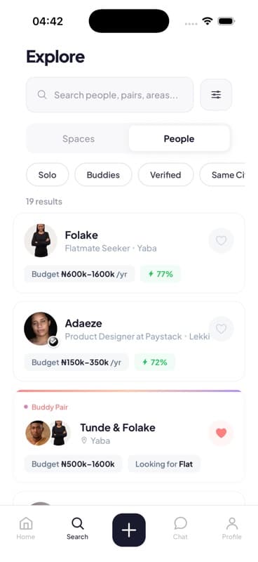 Flatmate matching screen